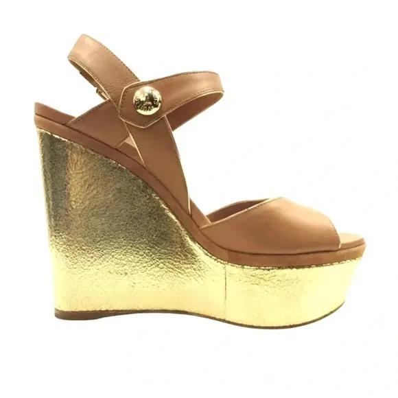 - Authentic Louis Vuitton Tan Leather Metallic Wedge Sandals Size 38