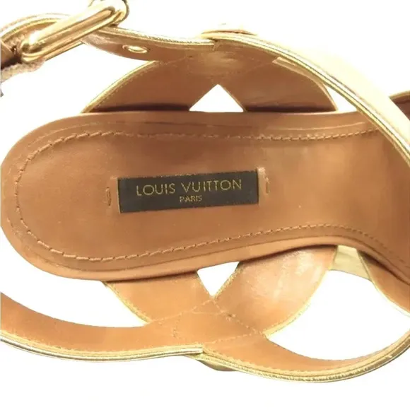 - Authentic Louis Vuitton Tan Leather Metallic Wedge Sandals Size 38