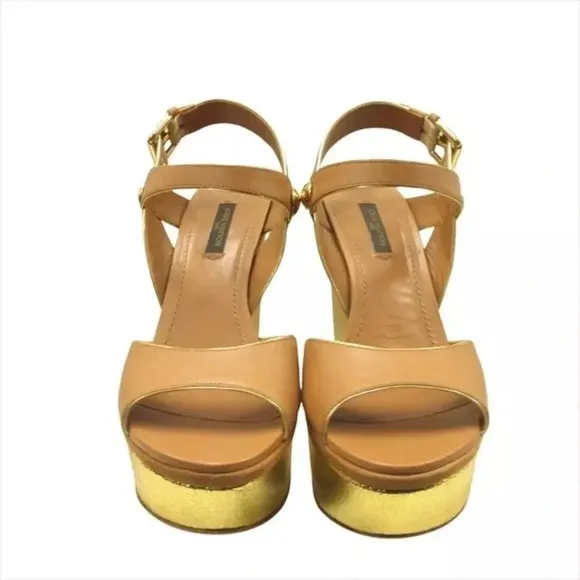 - Authentic Louis Vuitton Tan Leather Metallic Wedge Sandals Size 38