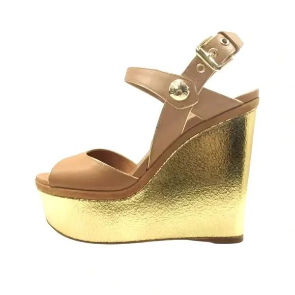 - Authentic Louis Vuitton Tan Leather Metallic Wedge Sandals Size 38