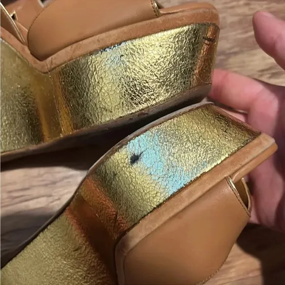 - Authentic Louis Vuitton Tan Leather Metallic Wedge Sandals Size 38