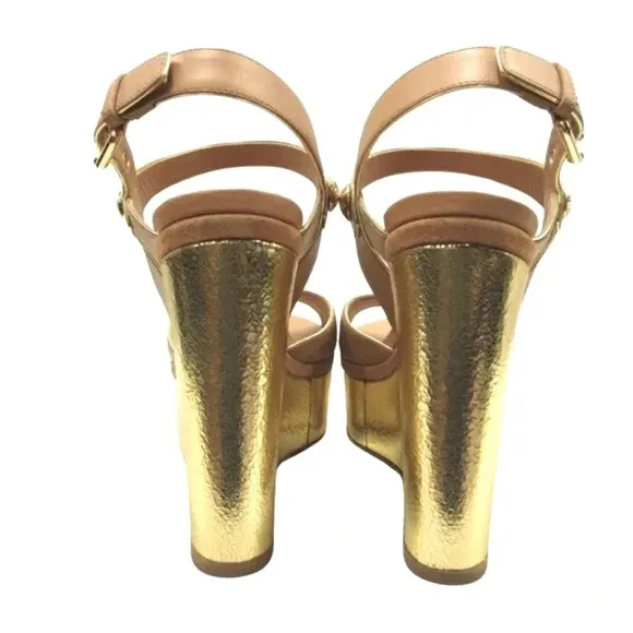 - Authentic Louis Vuitton Tan Leather Metallic Wedge Sandals Size 38
