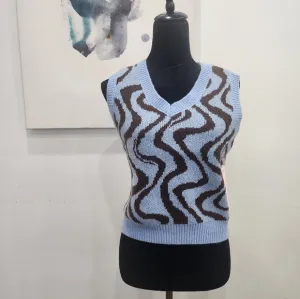 [ GRAVE FAME] Women's, New with tags- size L-blue/brown Y2k Vibes sweater vest.