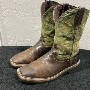 🔥🔥 JUSTIN STAMPEDE 11&quot; WESTERN WORK COWBOY BOOTS Brown / Green - Men’s Size 8D