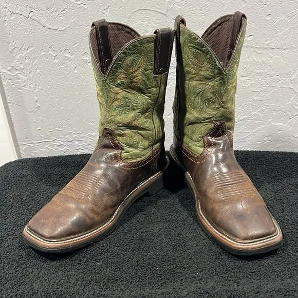 🔥🔥 JUSTIN STAMPEDE 11&quot; WESTERN WORK COWBOY BOOTS Brown / Green - Men’s Size 8D