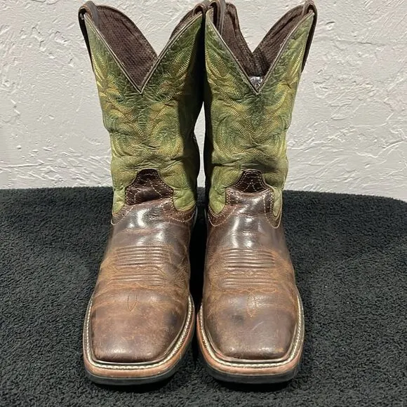 🔥🔥 JUSTIN STAMPEDE 11&quot; WESTERN WORK COWBOY BOOTS Brown / Green - Men’s Size 8D