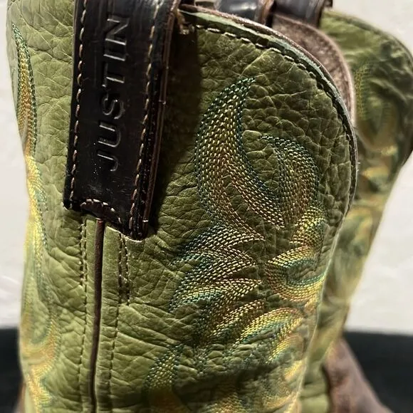 🔥🔥 JUSTIN STAMPEDE 11&quot; WESTERN WORK COWBOY BOOTS Brown / Green - Men’s Size 8D