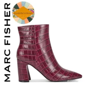 $210! Marc Fisher Daith Leather Maroon Crocodile Ankle Boots Block Heel size 7.5