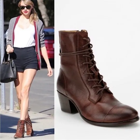 $365 Frye Courtney Brown Leather Lace Up Low Heeled Comfy Casual Ankle Bootie
