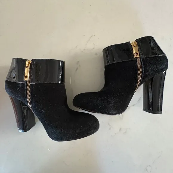 $450 TORY BURCH Harper Booties Black Suede Patent Leather Ankle Boots SIZE 6M