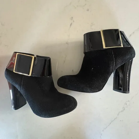 $450 TORY BURCH Harper Booties Black Suede Patent Leather Ankle Boots SIZE 6M