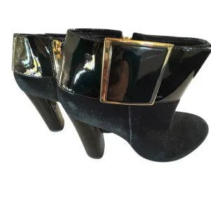 $450 TORY BURCH Harper Booties Black Suede Patent Leather Ankle Boots SIZE 6M