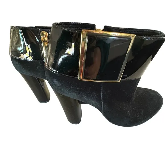 $450 TORY BURCH Harper Booties Black Suede Patent Leather Ankle Boots SIZE 6M