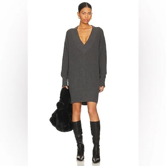 525 AMERICA Ellie Cotton V Neck Dress in Charcoal Heather Gray Women Size XS NWT
