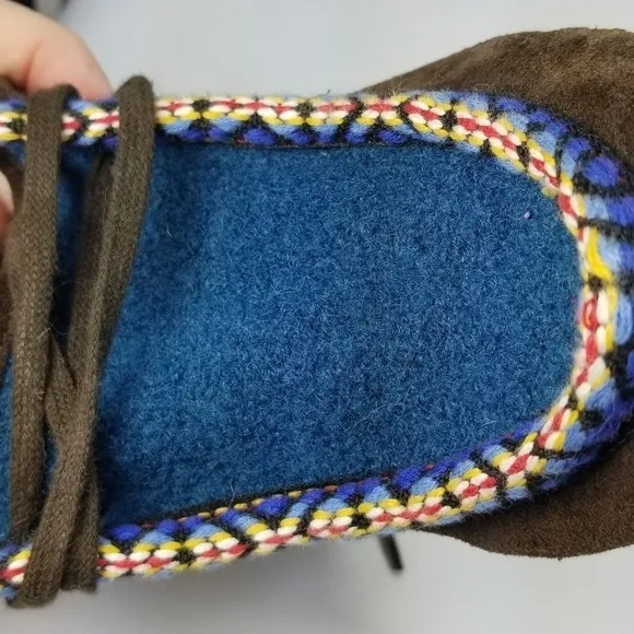 80  anthropologie brown suede blue tie wedge crepe sole booties 6.5