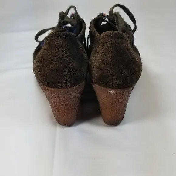 80  anthropologie brown suede blue tie wedge crepe sole booties 6.5