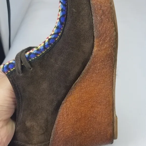 80  anthropologie brown suede blue tie wedge crepe sole booties 6.5