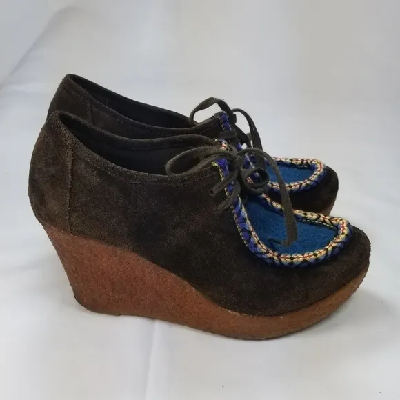 80  anthropologie brown suede blue tie wedge crepe sole booties 6.5