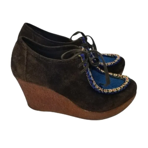 80  anthropologie brown suede blue tie wedge crepe sole booties 6.5