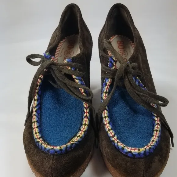80  anthropologie brown suede blue tie wedge crepe sole booties 6.5