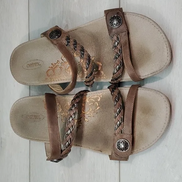 Aetrex Womens Braided Comfort Leather Wedge Sandals Slide  shoes sz 11