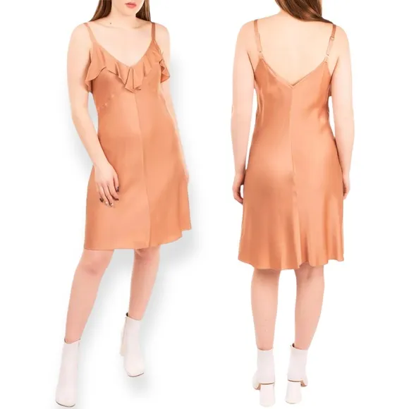 ALC Kinley Dress NWT Gold Pink Satin Ruffle Slip Size 4 but fits Med and Large