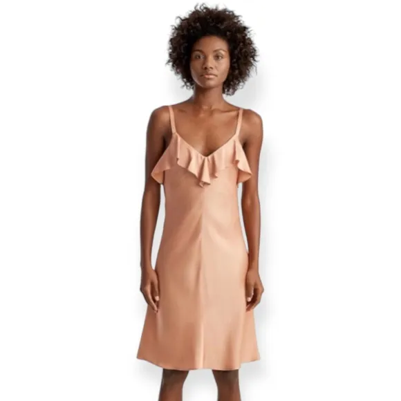 ALC Kinley Dress NWT Gold Pink Satin Ruffle Slip Size 4 but fits Med and Large