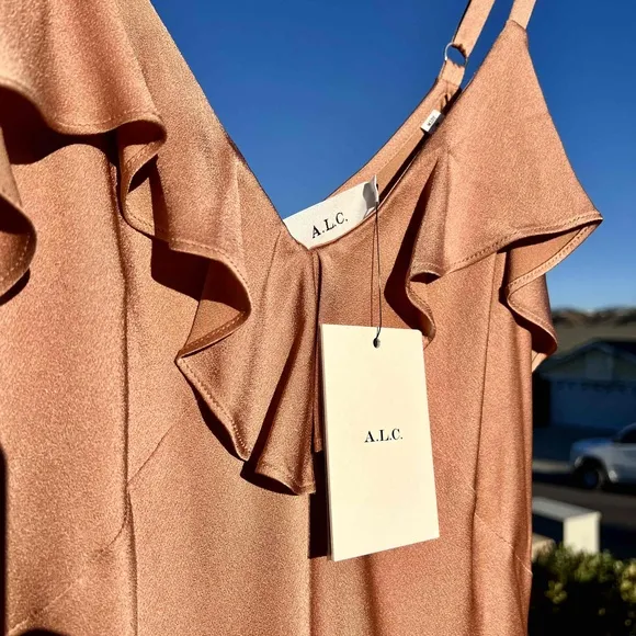 ALC Kinley Dress NWT Gold Pink Satin Ruffle Slip Size 4 but fits Med and Large