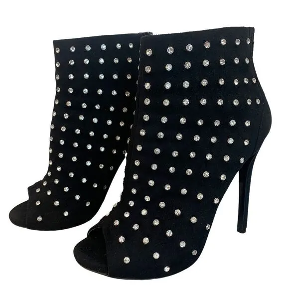𝅺ALDO black crystal rhinestone embellished peep toe high heel ankle boots Sz 7