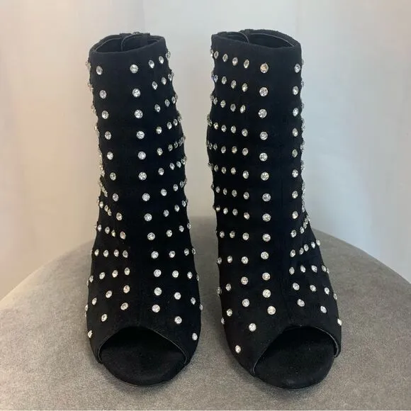 𝅺ALDO black crystal rhinestone embellished peep toe high heel ankle boots Sz 7
