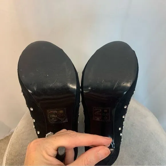 𝅺ALDO black crystal rhinestone embellished peep toe high heel ankle boots Sz 7
