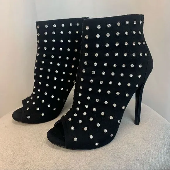 𝅺ALDO black crystal rhinestone embellished peep toe high heel ankle boots Sz 7