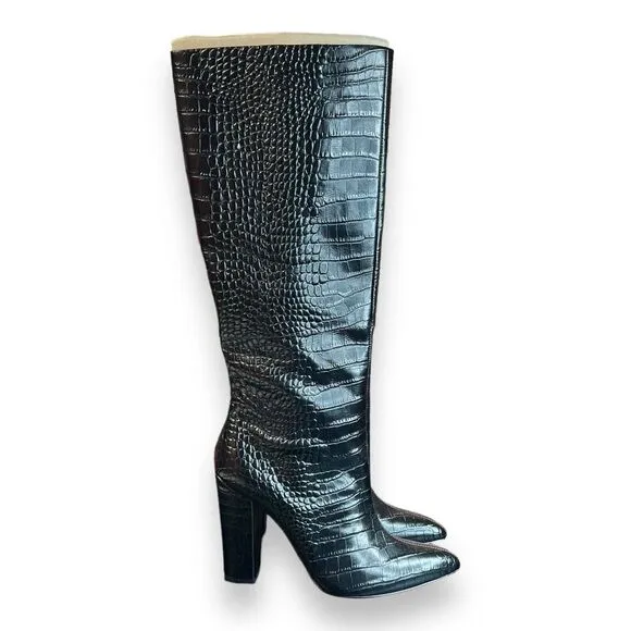 Aldo Women's 7.5 Medium Black Ibilia Croc Embossed Pointed Toe Knee High Boots