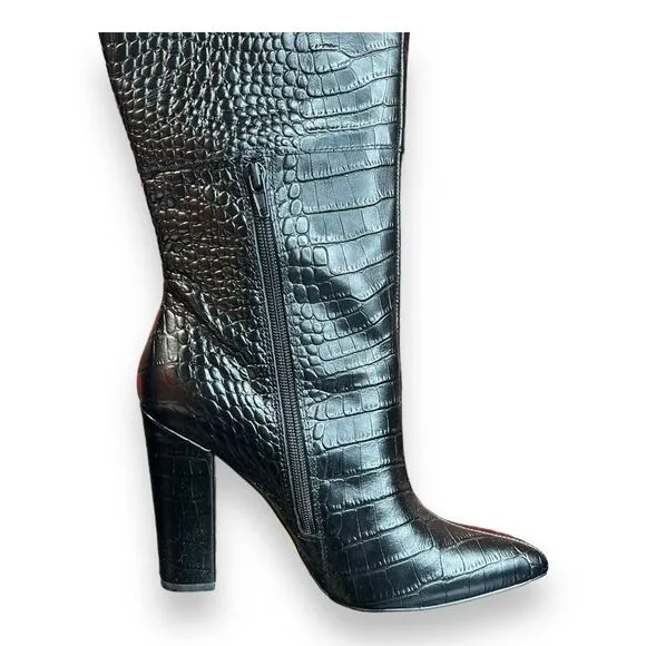 Aldo Women's 7.5 Medium Black Ibilia Croc Embossed Pointed Toe Knee High Boots