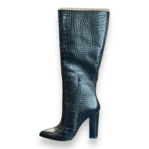 Aldo Women's 7.5 Medium Black Ibilia Croc Embossed Pointed Toe Knee High Boots