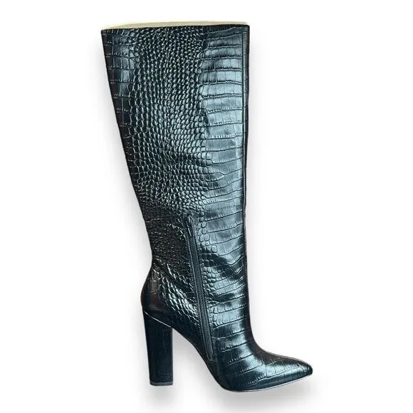 Aldo Women's 7.5 Medium Black Ibilia Croc Embossed Pointed Toe Knee High Boots