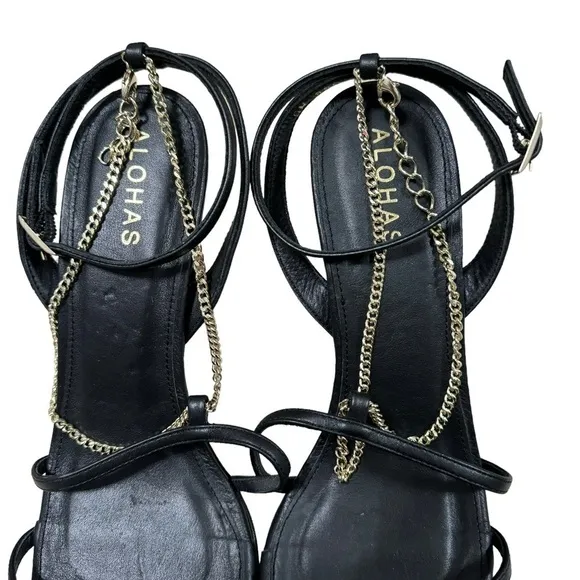 ALOHAS Straps Chain Black Leather Women’s heels Size (39) US 8-8.5