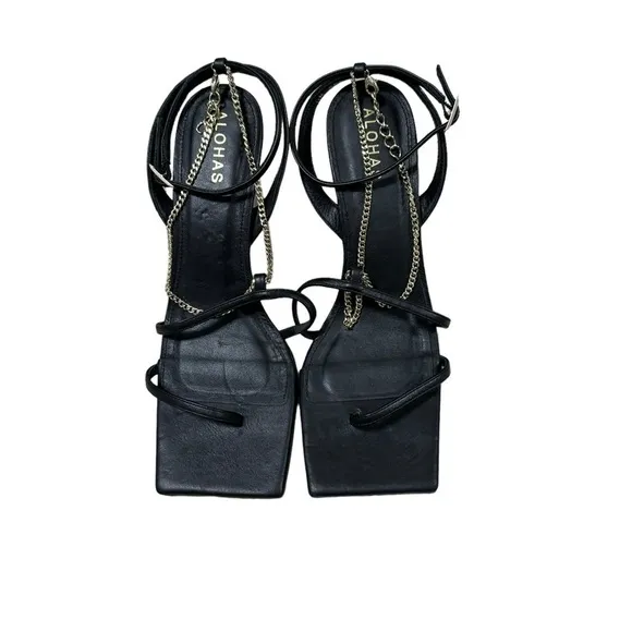 ALOHAS Straps Chain Black Leather Women’s heels Size (39) US 8-8.5