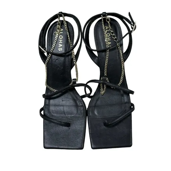 ALOHAS Straps Chain Black Leather Women’s heels Size (39) US 8-8.5
