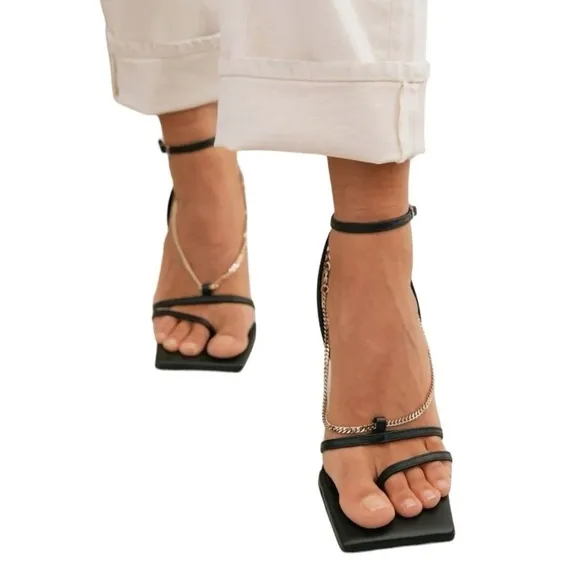 ALOHAS Straps Chain Black Leather Women’s heels Size (39) US 8-8.5