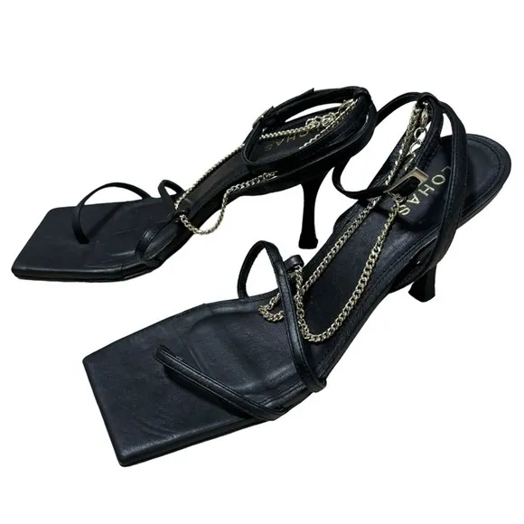 ALOHAS Straps Chain Black Leather Women’s heels Size (39) US 8-8.5