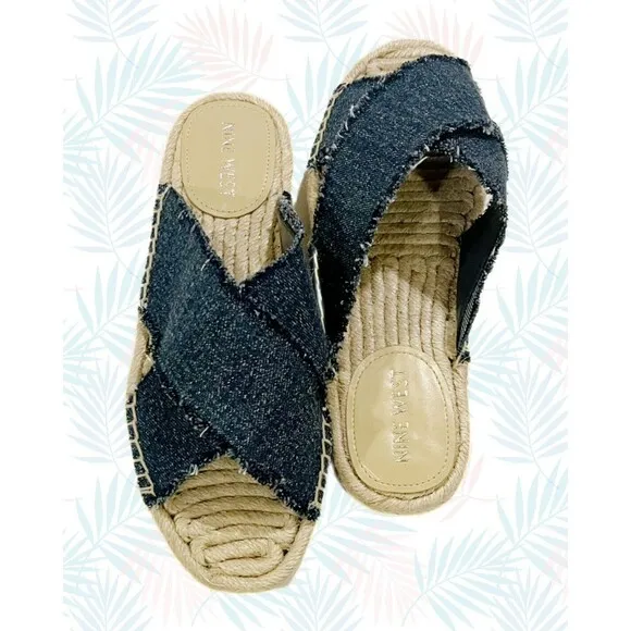 &quot;Nine West&quot; Boho Espadrille Sandals Criss-Cross Band Blue Denim Size 9 NWT