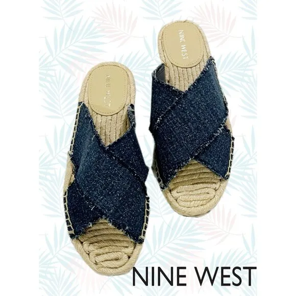 &quot;Nine West&quot; Boho Espadrille Sandals Criss-Cross Band Blue Denim Size 9 NWT