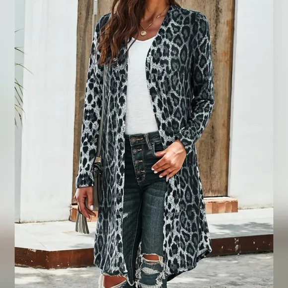 Animal Print Open Front Longline Cardigan
