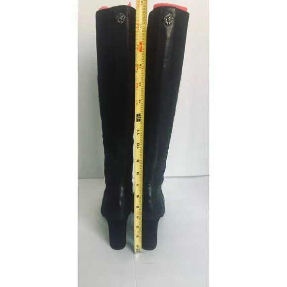 Anne Klein Black Leather Calf Hair Snake Skin Front Zip High Heel Boots Sz 7.5M