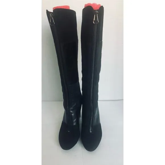 Anne Klein Black Leather Calf Hair Snake Skin Front Zip High Heel Boots Sz 7.5M