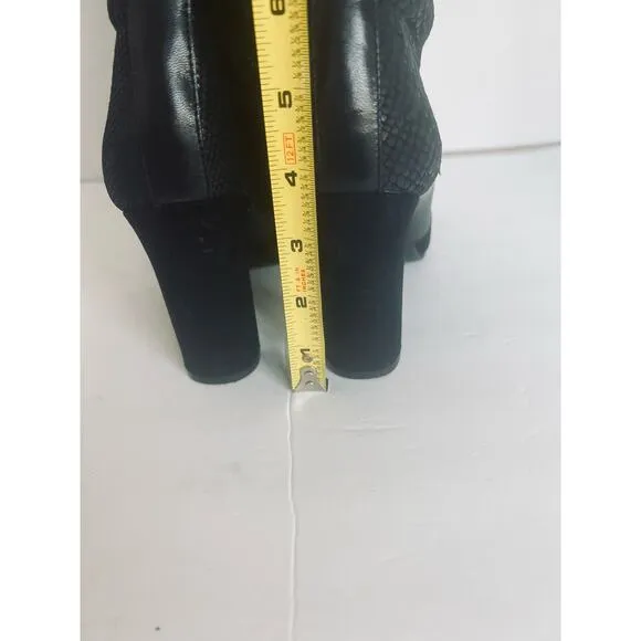 Anne Klein Black Leather Calf Hair Snake Skin Front Zip High Heel Boots Sz 7.5M