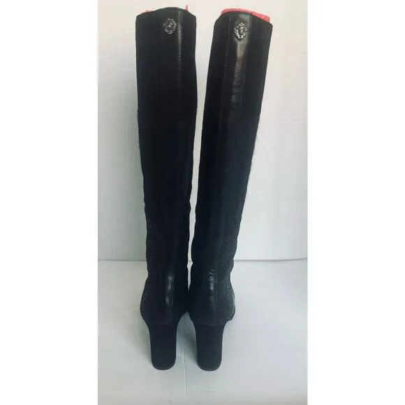 Anne Klein Black Leather Calf Hair Snake Skin Front Zip High Heel Boots Sz 7.5M