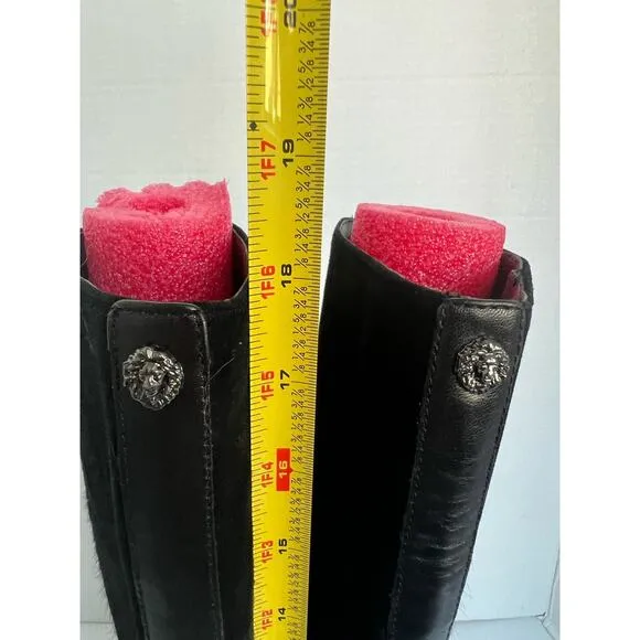 Anne Klein Black Leather Calf Hair Snake Skin Front Zip High Heel Boots Sz 7.5M