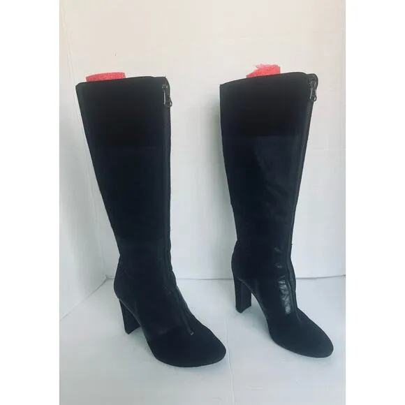 Anne Klein Black Leather Calf Hair Snake Skin Front Zip High Heel Boots Sz 7.5M